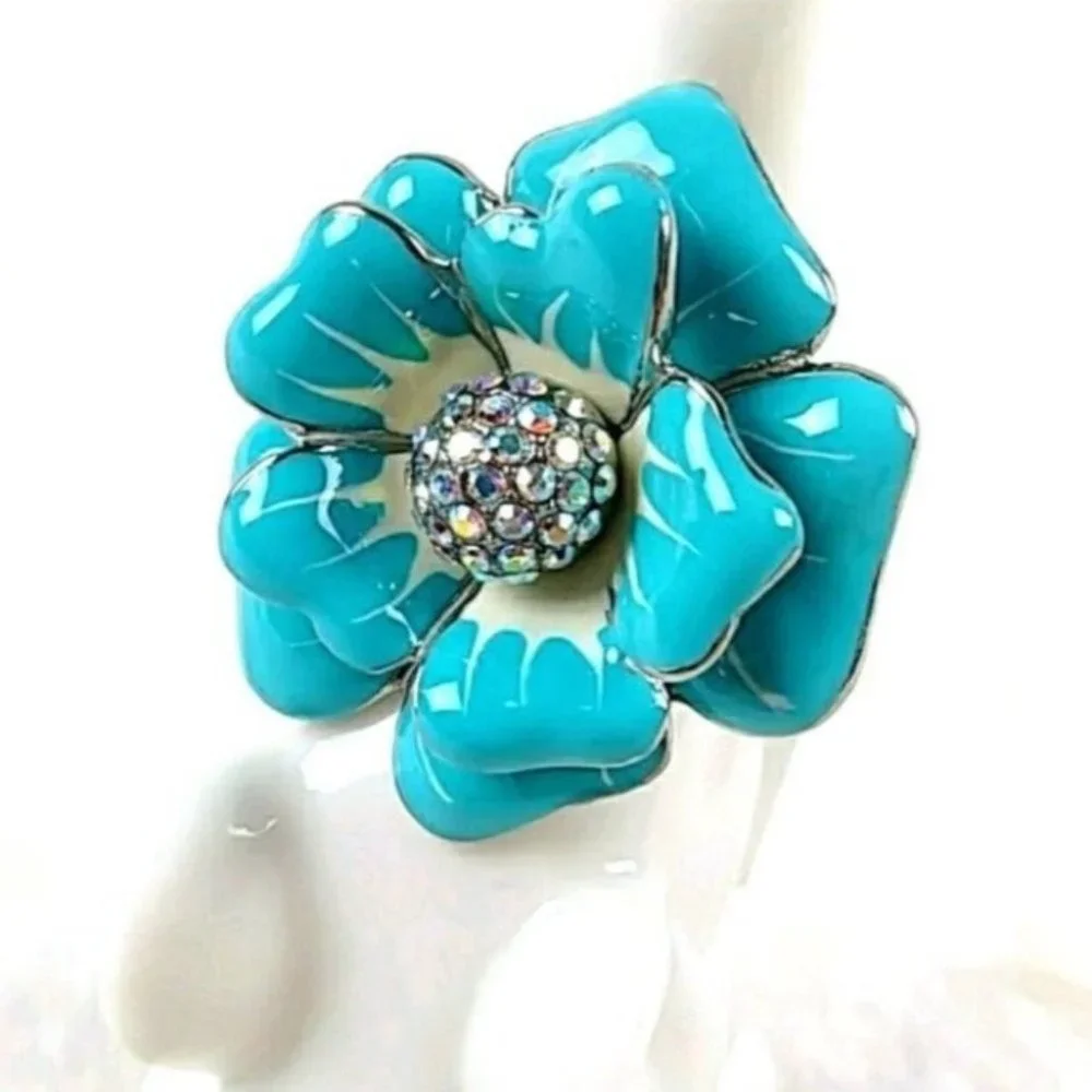 Blue Flower Statement Chunky Ring Stainless Steel Nickel Free Hypoallergenic